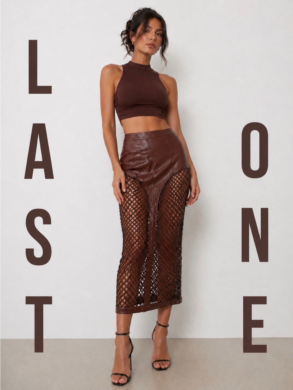 Brown Faux Leather & Fishnet Midi Skirt | High Waist Statement Piece | S/L